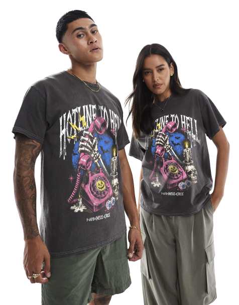 PRNT Halloween hotline relaxed t-shirt in charcoal overdye - view 1