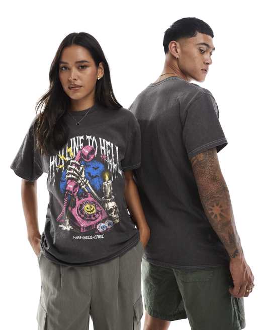 PRNT Halloween hotline relaxed t-shirt in charcoal overdye, 2 of 4