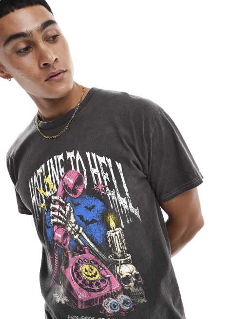 PRNT Halloween hotline relaxed t-shirt in charcoal overdye, 4 of 4