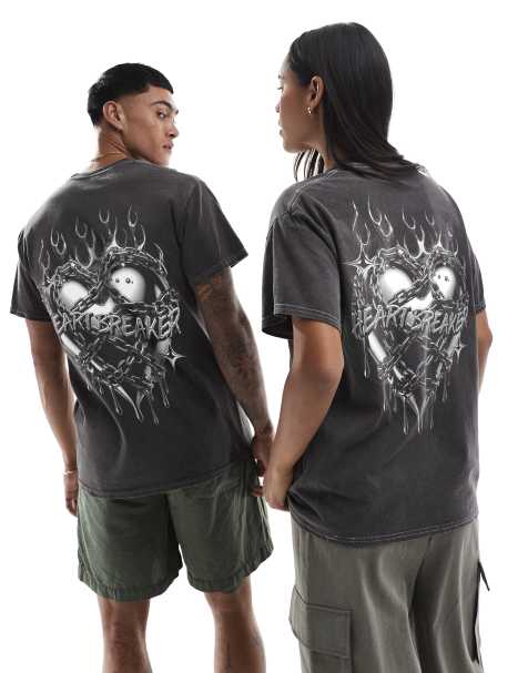 PRNT Heart breaker front and back print washed t-shirt in charcoal overdye - view 1