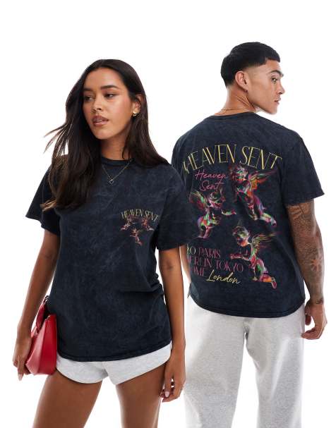 PRNT Heaven sent chalkboard front and back print washed t-shirt in snow wash - view 1
