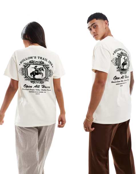 PRNT Hollow's trail inn front and back print washed t-shirt in ecru overdye - view 1