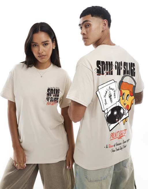 PRNT Hot n fresh front print and back print t-shirt in sand
