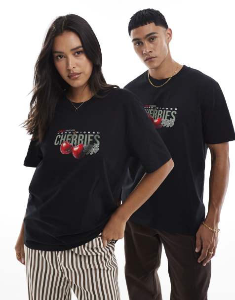 PRNT Italia cherries front and back print relaxed t-shirt in black 