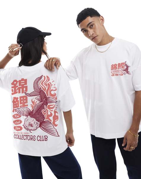 PRNT Koi club classic front and back print oversized t-shirt in white - view 1