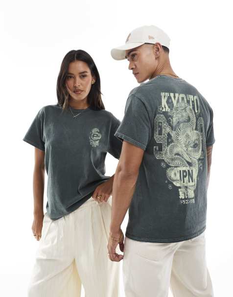 PRNT Kyoto dragon forest relaxed t-shirt in green overdye - view 1