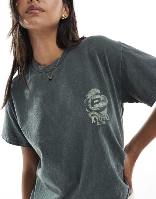 PRNT Kyoto dragon forest relaxed t-shirt in green overdye, 4 of 4