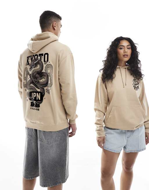 PRNT Kyoto dragon relaxed hoody in sand, 2 of 4