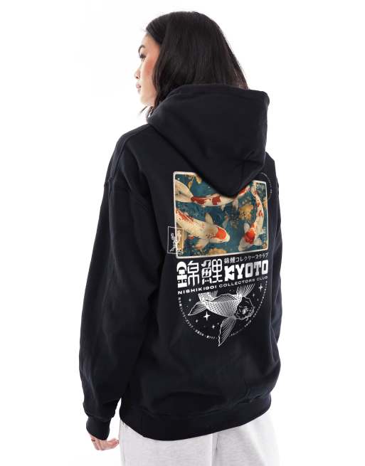 PRNT Kyoto koi club front and back print hood in black , 3 of 4