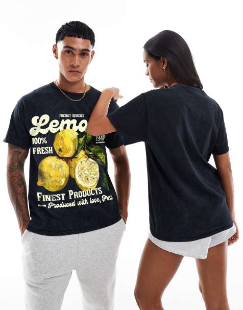 PRNT Lemons vintage front print washed t-shirt in snow wash - view 1