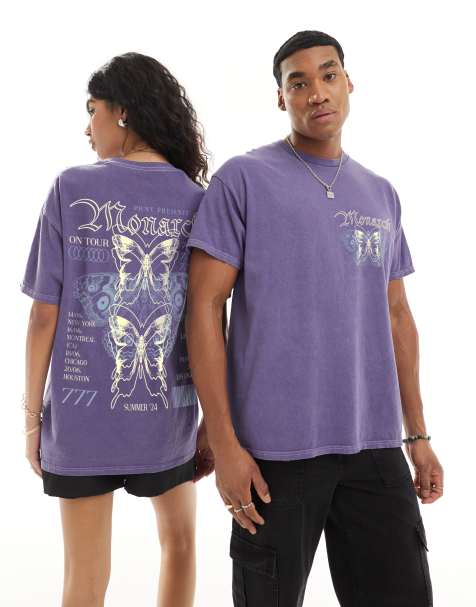 PRNT Monarch tour front and back print washed t-shirt in purple overdye - view 1