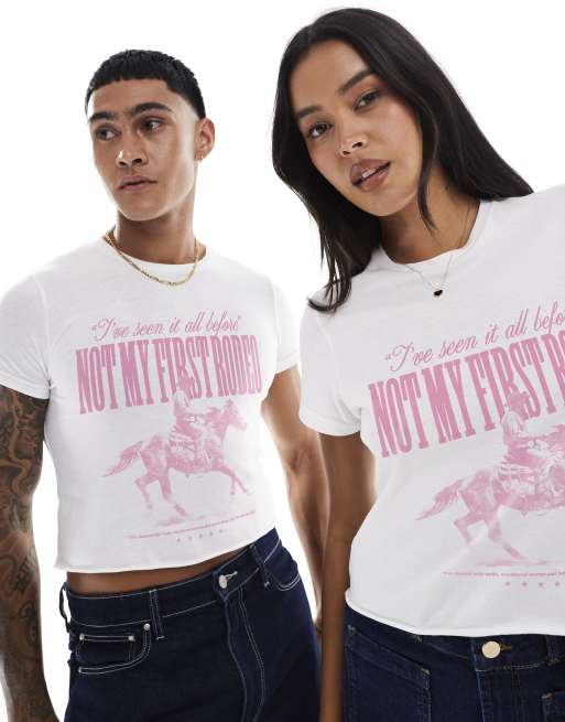 PRNT Not my first rodeo crop front print crop t-shirt in white , 4 of 4