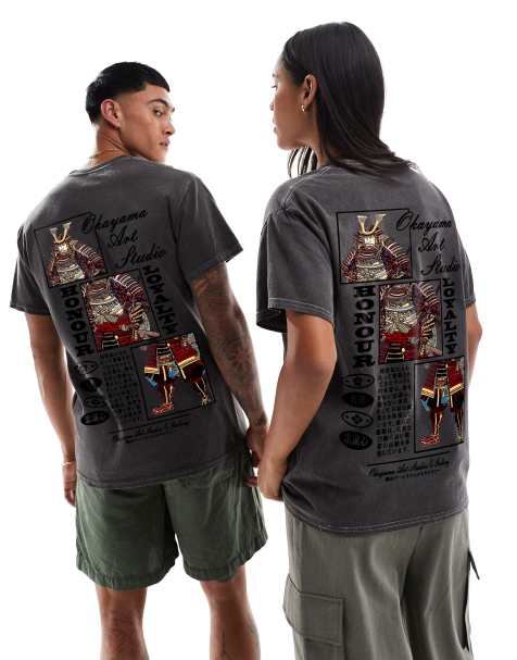 PRNT Okayama art studio front and back print washed t-shirt in charcoal overdye - view 1