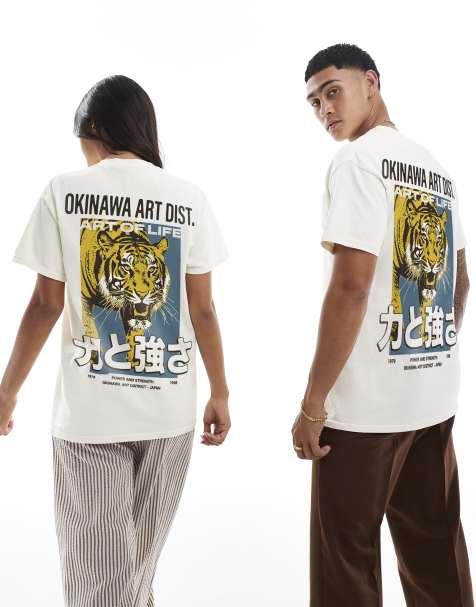 PRNT Okinawa art front print and back print washed t-shirt in ecru overdye - view 1