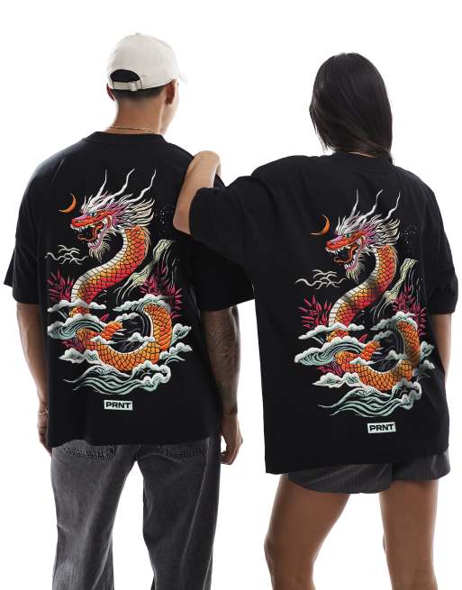 PRNT Prnt embroidered dragon print oversized t-shirt in black in black