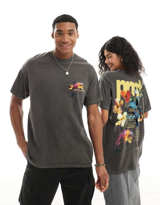 PRNT Prnt floral dolphin t-shirt in charcoal overdye in charcoal overdye