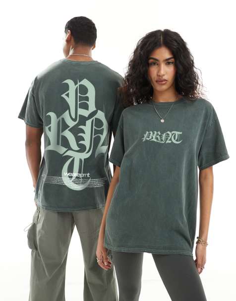 PRNT Prnt green front print and back print washed t-shirt in green overdye - view 1