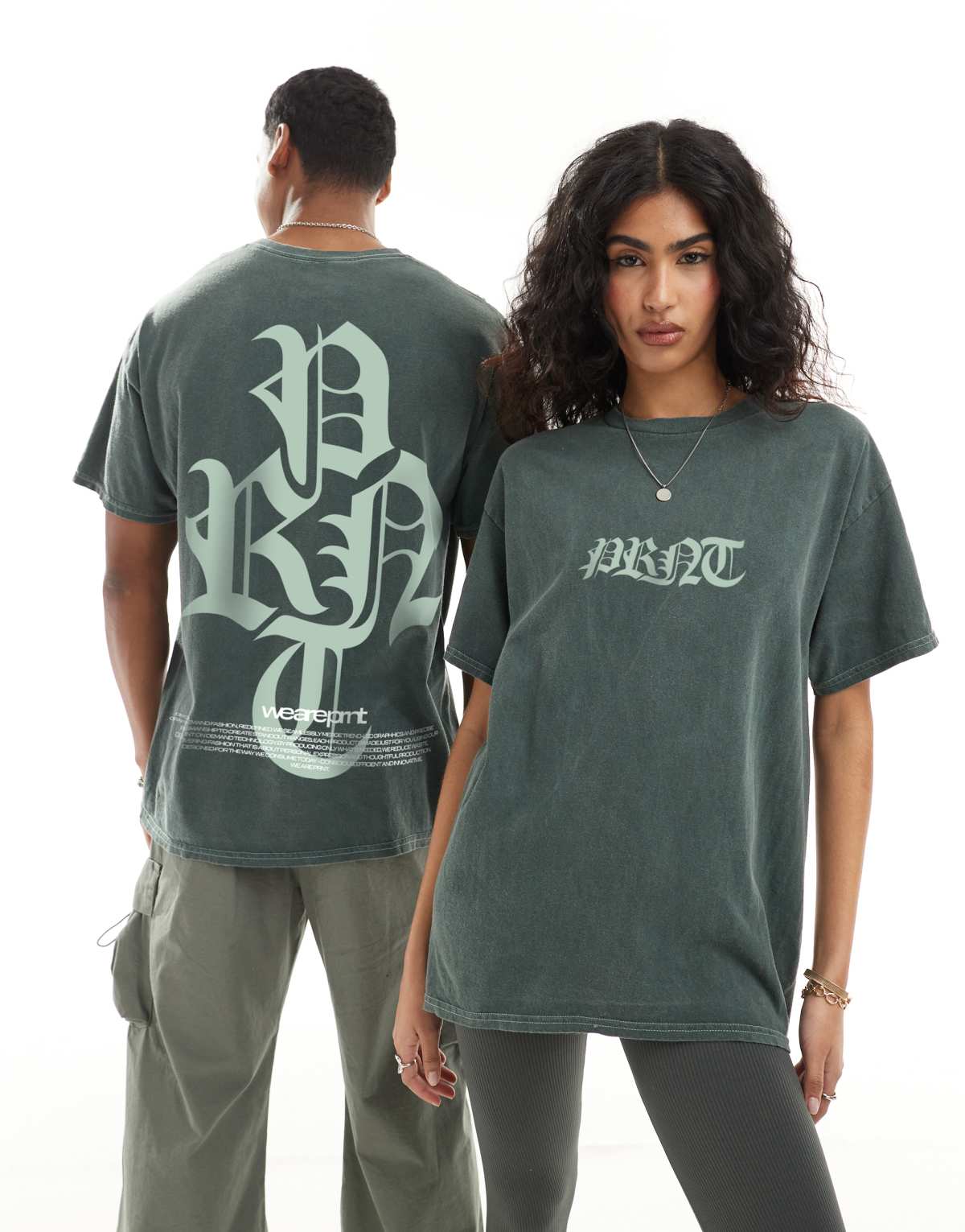 PRNT Prnt green front print and back print washed t-shirt in green overdye