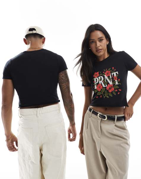 PRNT Prnt prnt floral stitch crop t-shirt in black in black - view 1