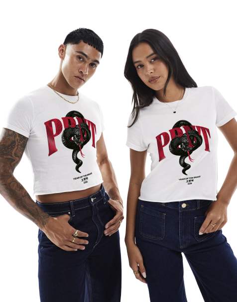 PRNT Prnt snake cropped front print crop t-shirt in white - view 1