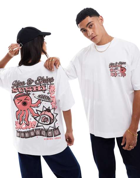 PRNT Rice and shine sushi front and back print oversized t-shirt in white - view 1