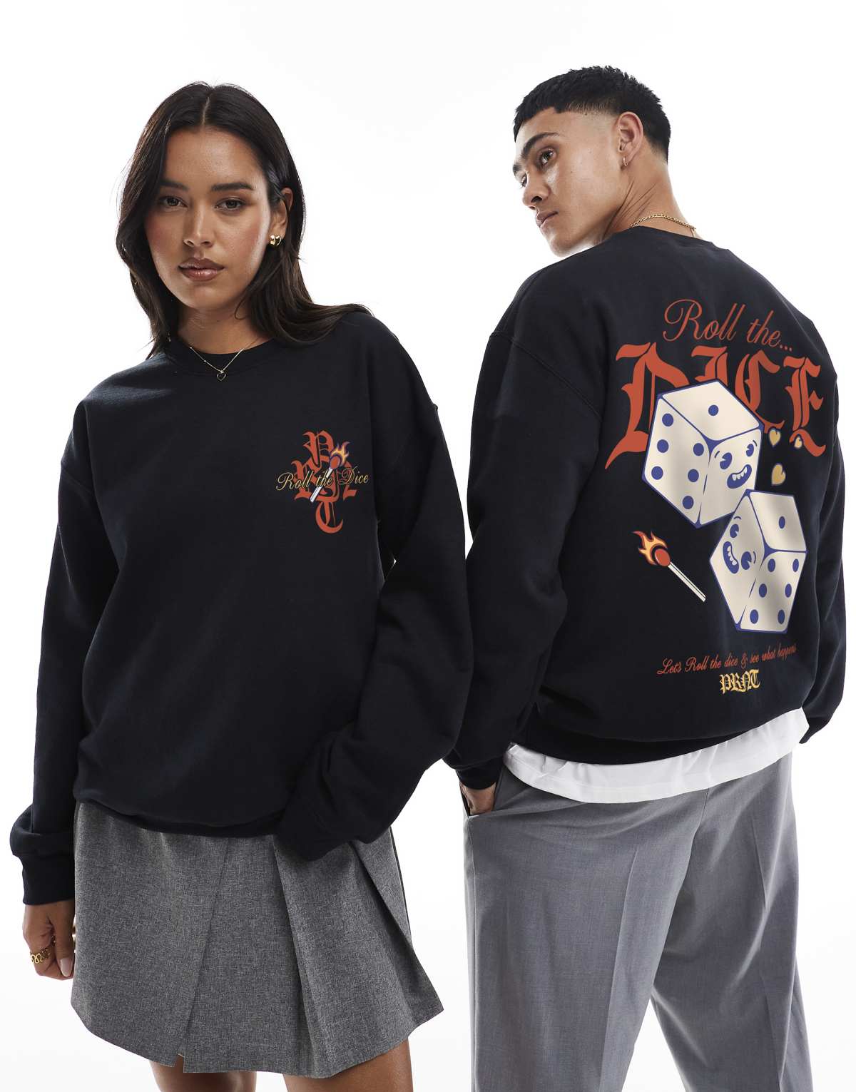 PRNT Roll the dice cartoon front print and back print sweatshirt in black
