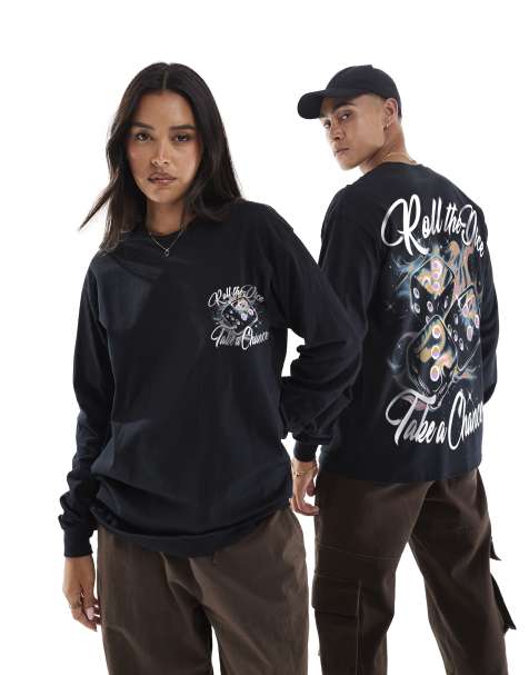 PRNT Roll the dice cosmic long front print and back print long sleeve t-shirt in black - view 1