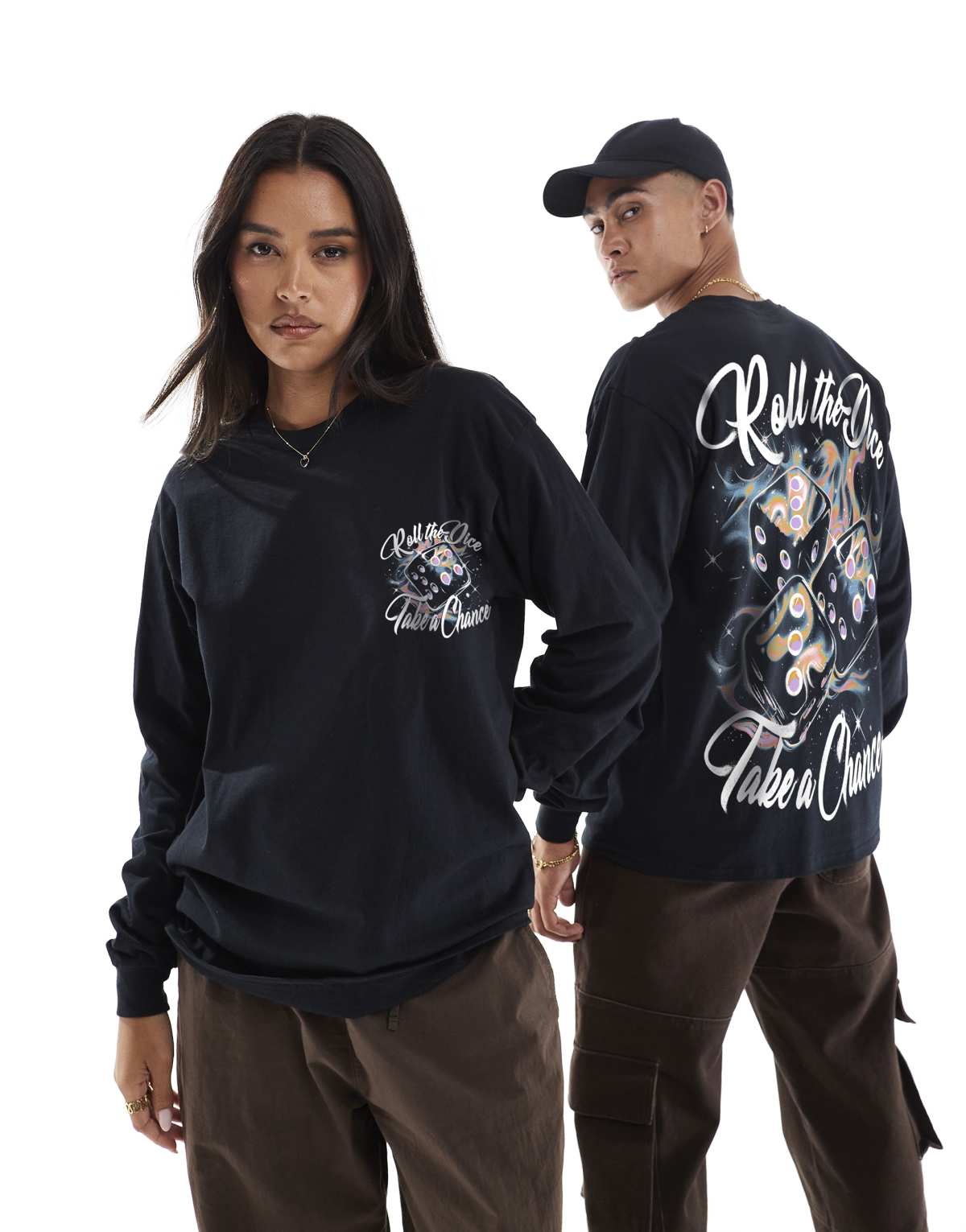 PRNT Roll the dice cosmic long front print and back print long sleeve t-shirt in black