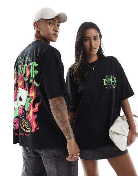 PRNT Roll the dice fire front print and back print oversized t-shirt in black - view 1