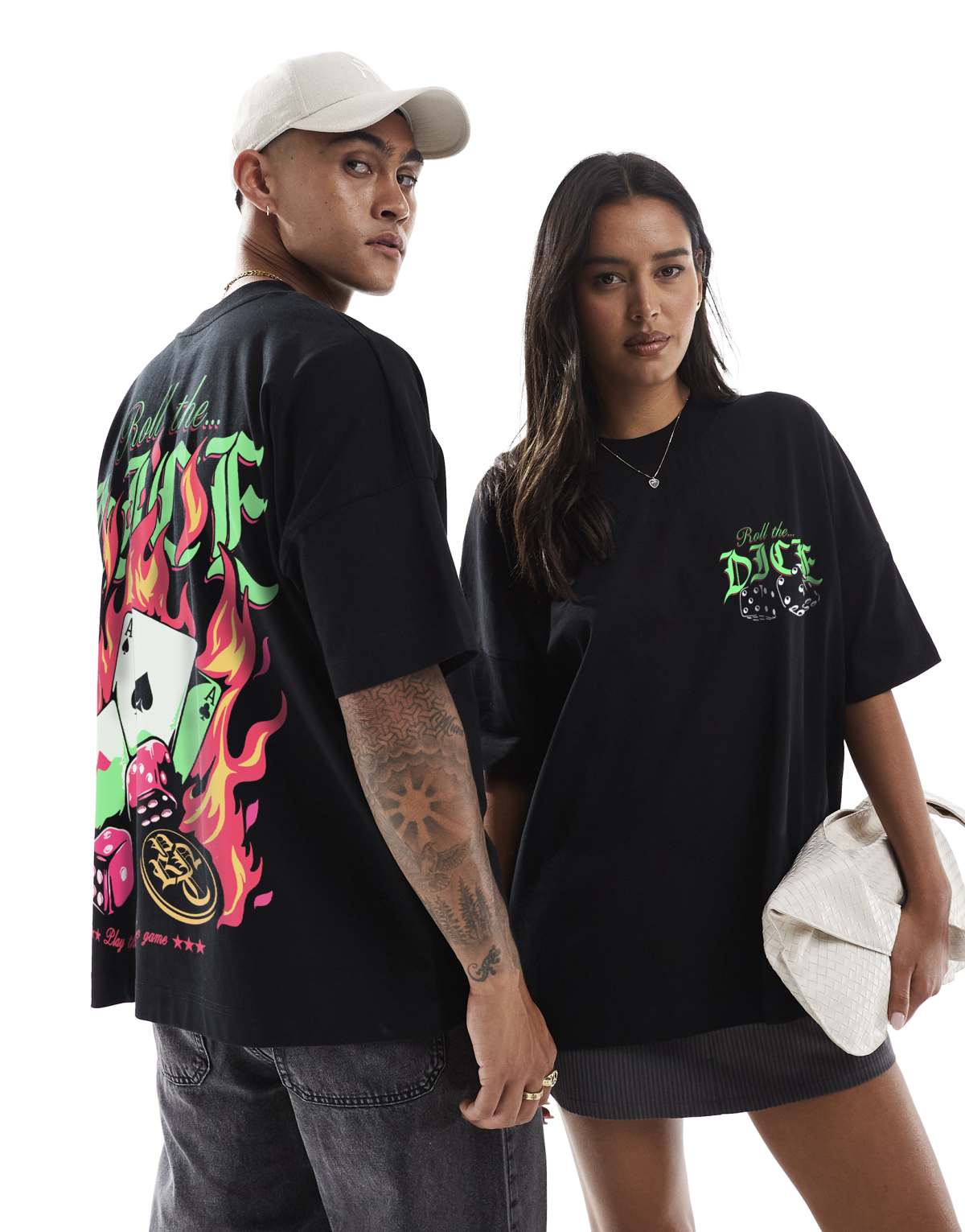 PRNT Roll the dice fire front print and back print oversized t-shirt in black