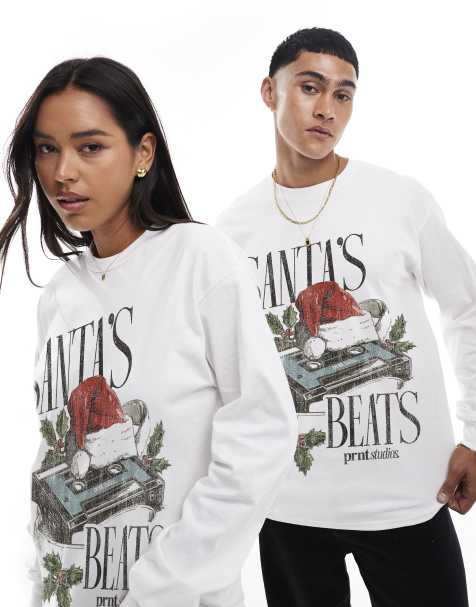 PRNT Santas beat christmas long sleeve t-shirt in white