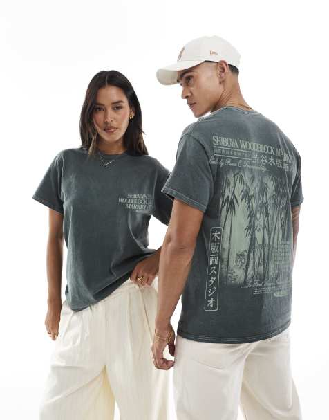 PRNT Shibuya woodblock market front and back print washed t-shirt in green overdye - view 1