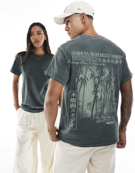 PRNT Shibuya woodblock market front and back print washed t-shirt in green overdye , 2 of 4