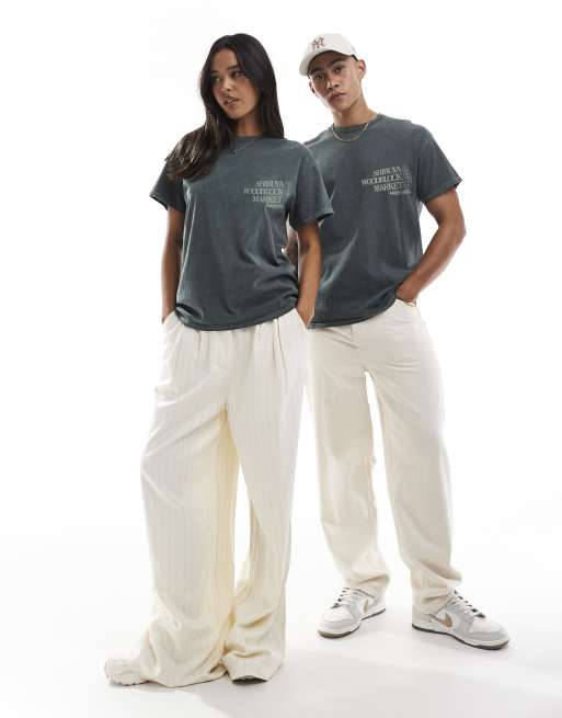 PRNT Shibuya woodblock market front and back print washed t-shirt in green overdye , 3 of 4