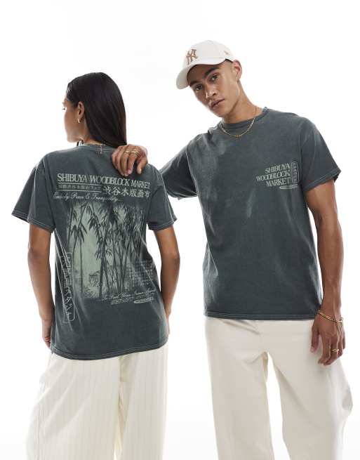 PRNT Shibuya woodblock market front and back print washed t-shirt in green overdye , 4 of 4
