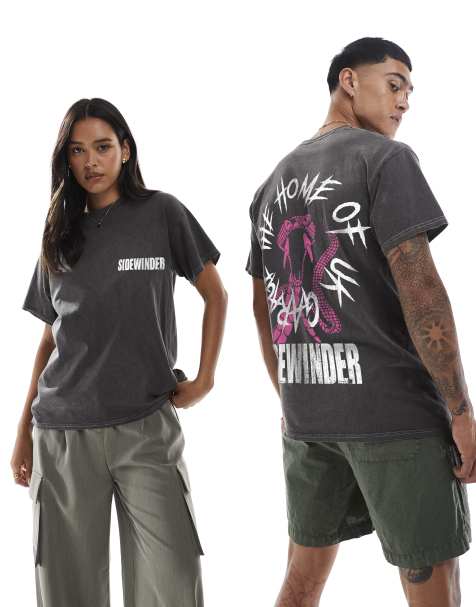 PRNT Sidewinder home front and back print washed t-shirt in charcoal overdye - view 1