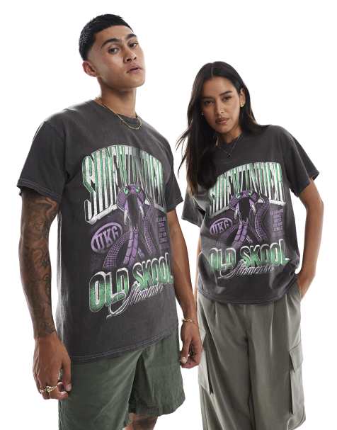 PRNT Sidewinder varsity front print washed t-shirt in charcoal overdye - view 1