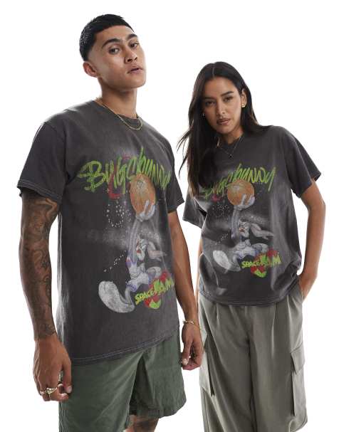 PRNT Space jam bugs bunny basketball relaxed t-shirt in charcoal overdye - view 1