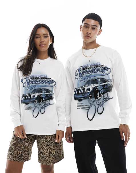 PRNT Speedways front print long sleeve t-shirt in white 