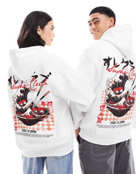 PRNT Sushi club front and back print classic hoodie in white - view 1