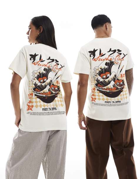 PRNT Sushi club front and back print washed t-shirt in ecru overdye - view 1