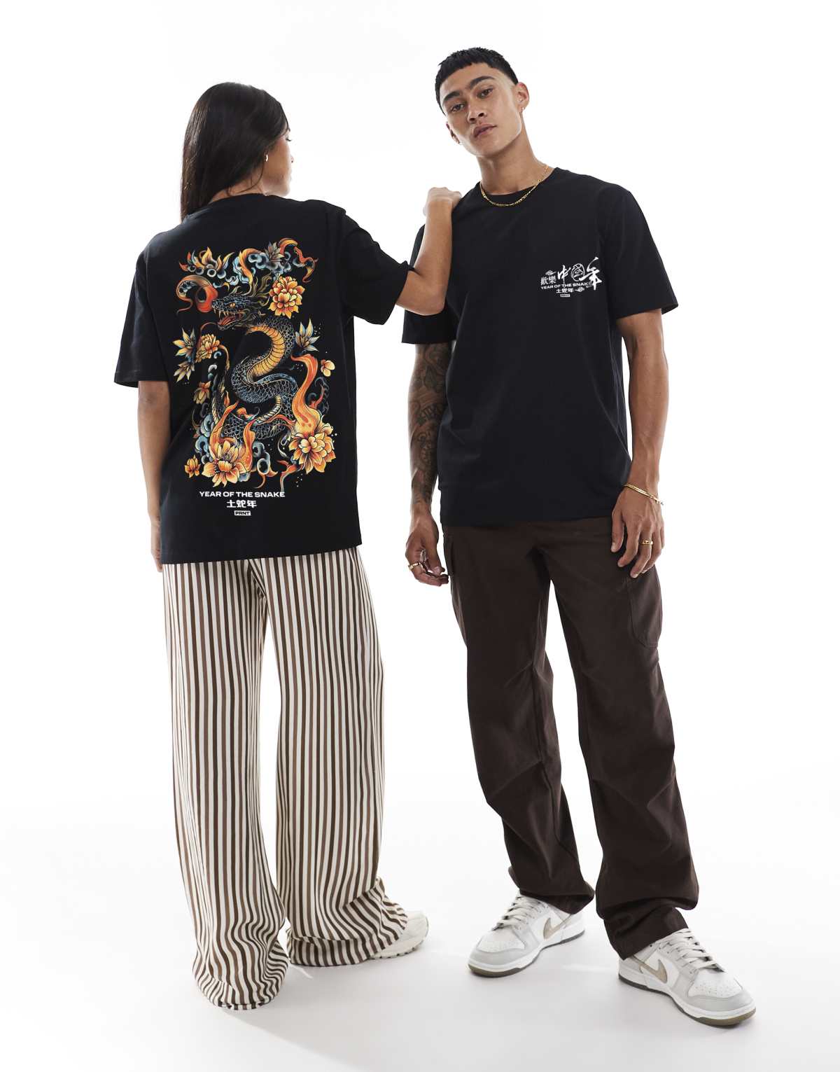 PRNT Tattoo snake cny front print and back print relaxed t-shirt in black