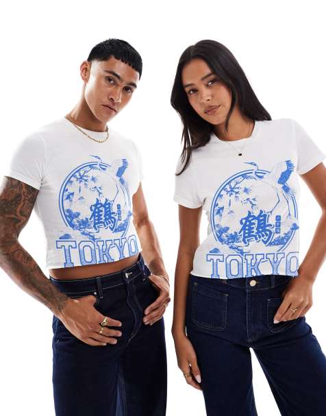 PRNT Tokyo crane crop front print crop t-shirt in white - view 1