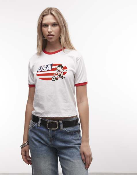 PRNT Usa cartoon football graphic ringer t-shirt in white/red