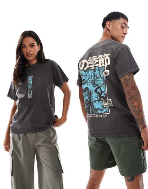 PRNT Vintage geisha front and back print washed t-shirt in charcoal overdye - view 1