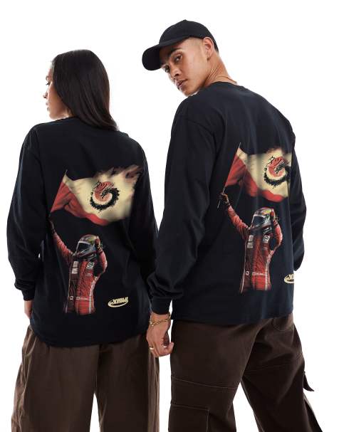 PRNT World racing front and back print long sleeve t-shirt in black - view 1