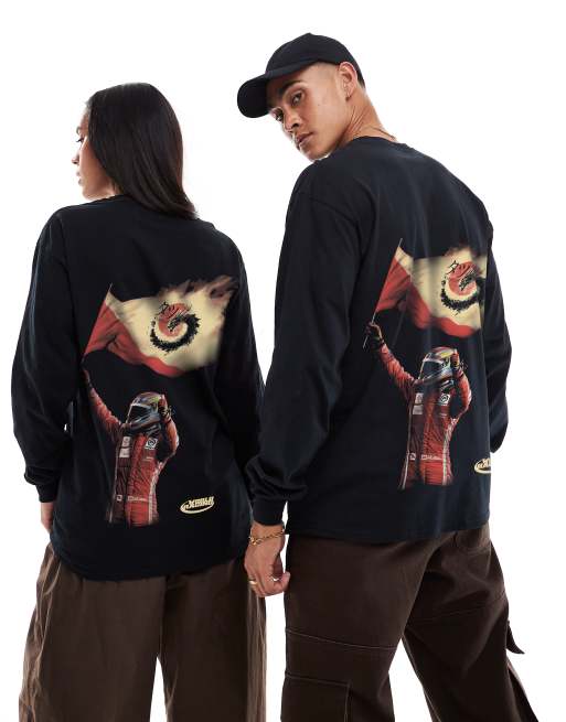 PRNT World racing front and back print long sleeve t-shirt in black
