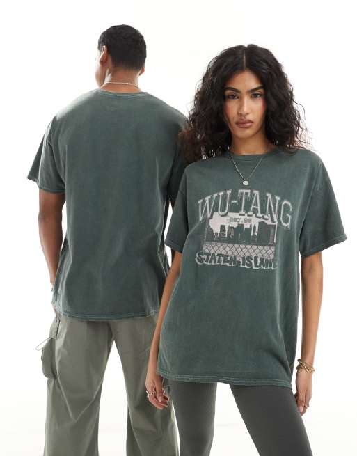 PRNT x Wu-Tang Clan staten varsity relaxed fit t-shirt in green overdye - DGREEN, 4 of 4