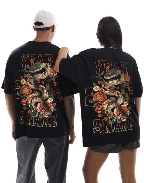 PRNT Year of the snake front print and back print oversized t-shirt in black - view 1