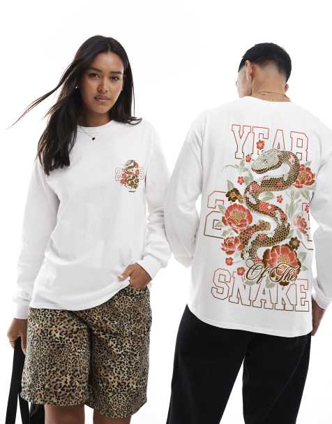 PRNT Year of the snake white front print and back print long sleeve t-shirt in white - view 1